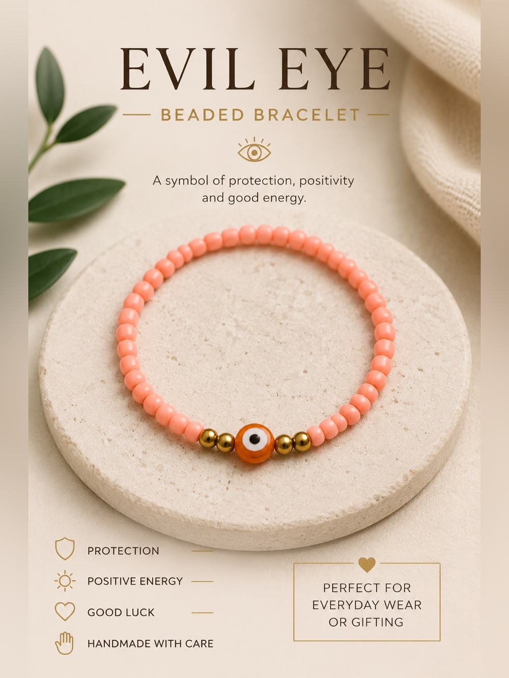Evil Eye Beaded Bracelet - Coral Pink Protection Bracelet #10